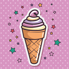 Colorful ice cream sticker with stars over pink dotted background. Vector illustration.