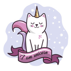 Cute cat with ice cream cone, stars and pink ribbon over white background. Vector illustration.