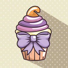 Purple cupcake sticker with bow over beige background. Vector illustration.