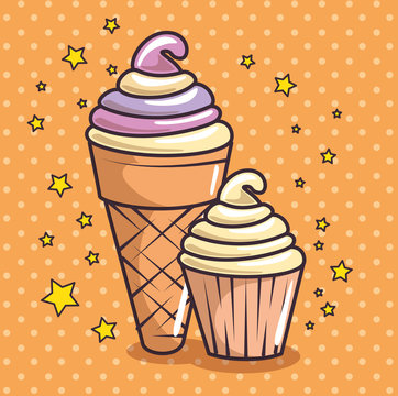Ice cream cone and cupcake with stars over orange dotted background. Vector illustration.
