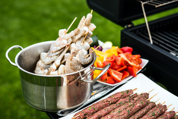 Barbecue grill party. Tasty Fresh food. Shrimps  spit and Beef rolls with bio young spices, chicken strips. bio vegetables