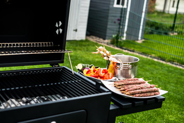 Barbecue grill party. Tasty Fresh food. Shrimps  spit and Beef rolls with bio young spices, chicken strips. bio vegetables