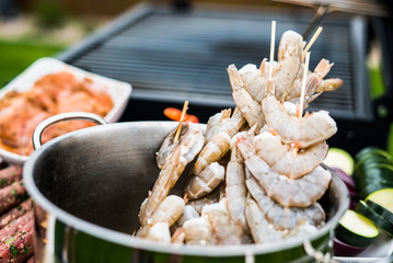 Barbecue grill party. Tasty Fresh food. Shrimps  spit and Beef rolls with bio young spices, chicken strips. bio vegetables