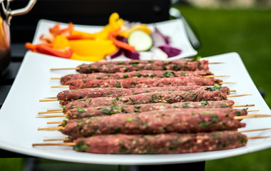 Barbecue grill party. Tasty Fresh food. Shrimps  spit and Beef rolls with bio young spices, chicken strips. bio vegetables