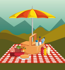 Picnic time design with red gingham pattern blanket, umbrella and food over field background. Vector illustration.