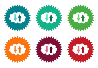Set of colorful stickers icons with cloud symbol in blue, green, orange, red and burgundy colors