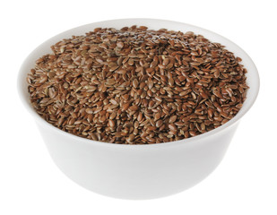 flax seeds in white bowl on white background isolate