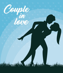 Couple leaning over for kiss silhouettes over blue background. Vector illustration.