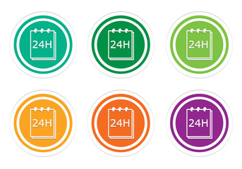 Colorful rounded buttons with notepad 24 hours support symbol in green, yellow, orange and purple colors