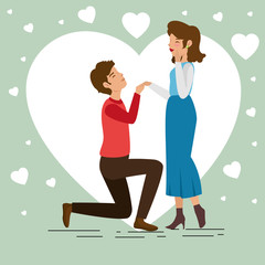 Man on his knees holding his girlfriend's hand and heart over green background. Vector illustration.