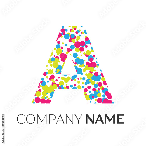 "Letter A logo with blue, yellow, red particles and bubbles dots on