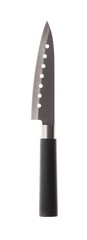 Kitchen santoku knife for cheese with many holes black handle on white background