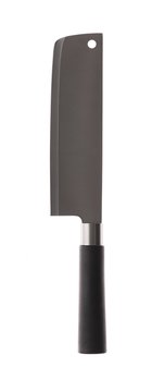 Big knife for meat and fish kitchen hatchet with one hole black handle on white background
