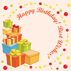 happy birthday and best wishes - vector greeting card with gifts