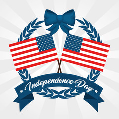 Obraz premium American flags with laurel wreath, ribbon and bow over white background. Vector illustration.