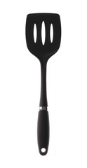 Kitchen black plastic turner with black handle on white background Culinary and Utensil Set