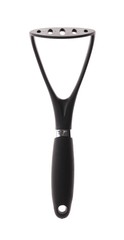 Close up of black plastic kitchen masher for potato on white background Culinary and Utensil Set