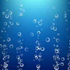 Bubbles In Water On Blue Background. Ocean Deep. Circle And Liquid, Light Design. Clear Soapy Shiny. Vector Illustration
