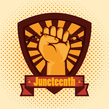 Hand drawn raised fist and juneteenth sign shield over yellow dotted background. Vector illustration.