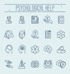 Set symbols of psychological help. Vector thin line illustration. Health care and social care symbols.