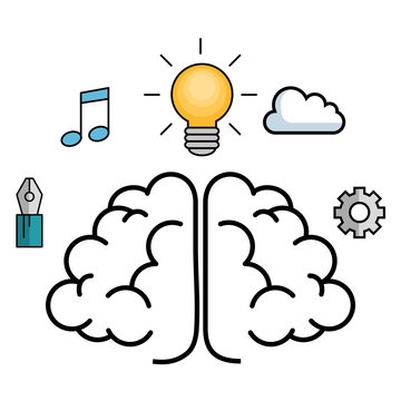 Brain, writing pen, beam notes, yellow light bulb, cloud and gear wheel over white background. Vector illustration.