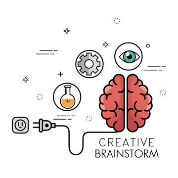 Creative brainstorm design with brain, plug, flask, gear wheels and eye over white background. Vector illustration.