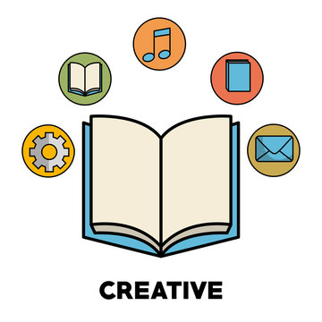 Opened book surrounded by gear wheel, book, blue envelope and beam notes icons. Vector illustration.