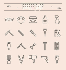 Set of minimalistic barber shop icons for logo or web site. Vector illustration in thin line style.
