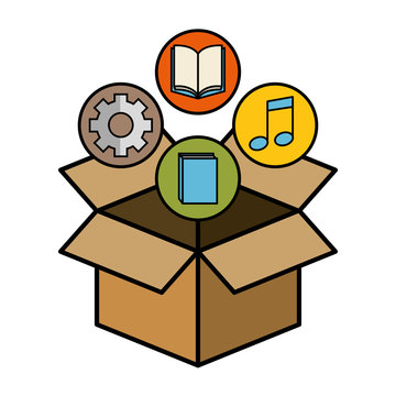 Box with gear wheel, opened and closed books, and beam notes icons over white background. Vector illustrartion.