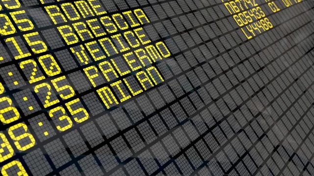 Close-up of an airport departure board to Italian cities destinations, with environment reflection. Part of a series. 4k video resolution (4096x2304).
