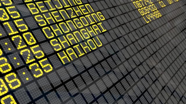 Close-up of an airport departure board to Chinese cities destinations, with environment reflection. Part of a series. 4k video resolution (4096x2304).
