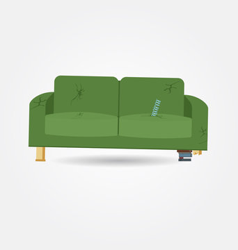 Broken Old Couch With Holes And Spring From The Seat. Flat Vector Illustration.