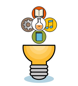 Light bulb with gear wheel, books, flask and beam notes icons over white background. Vector illustration.