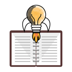 Notebook, light bulb and fire over white background. Vector illustration