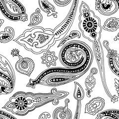 Seamless abstract geometric paisley pattern. Traditional oriental ethnic ornament, black outlines on white background. Textile design.