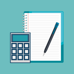 Notebook, calculator and pen over teal background. Vector illustration.