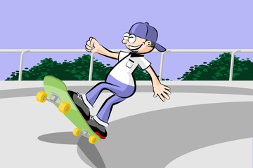 A young teenager on a skateboard