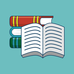Opened and closed books over teal background. Vector illustration.