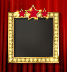 Empty golden painting frame on red curtain wall