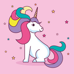 Cute unicorn with stars over pink background. Vector illustration.