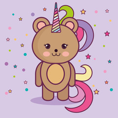 Kawaii bear with colorful horn over purple background. Vector illustration.