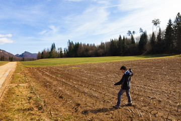 Children in nature, agricultural landscape, fields in autumn
