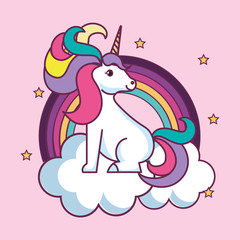 Cute unicorn sitting on cloud with rainbow over pink background. Vector illustration.