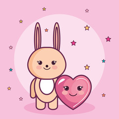 Kawaii bunny and heart over pink background. Vector illustration.