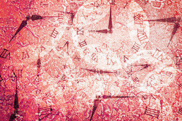 Closeup surface abstract pattern by many clock on retro red marble floor textured background