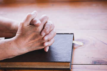 Elder woman hands folded in prayer on a Holy Bible  for faith concept in vintage color tone