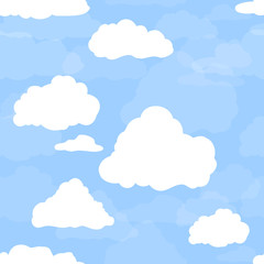 Blue sky with white clouds. Hand drawn seamless pattern. Vector illustration in cartoon style