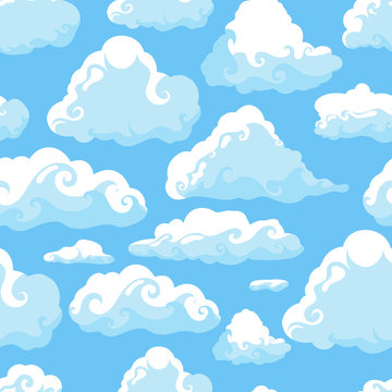 Blue sky with white clouds. Hand drawn seamless pattern. Vector illustration in cartoon style