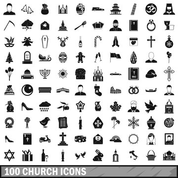100 church icons set, simple style 