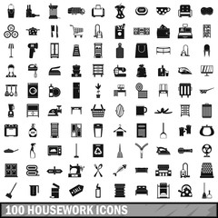 100 housework icons set, simple style 